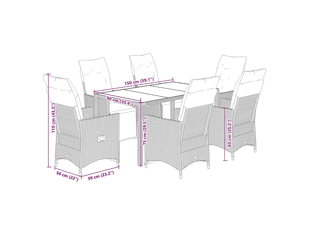 Set de mesa y sillas de jardín 7 piezas y cojines ratán PE beige