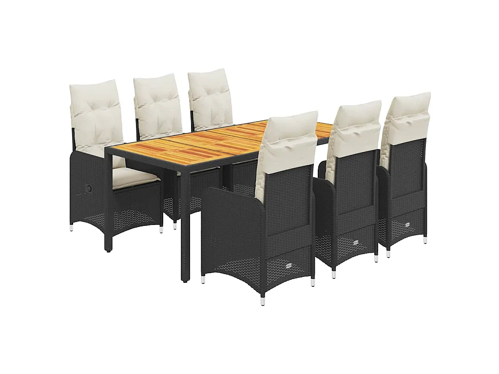 Set de mesa y sillas de jardín 7 piezas y cojines ratán PE negro