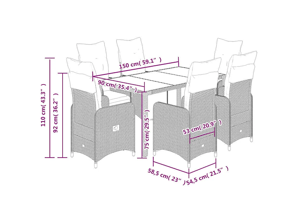 Set de mesa y sillas jardín 7 piezas con cojines ratán PE marrón