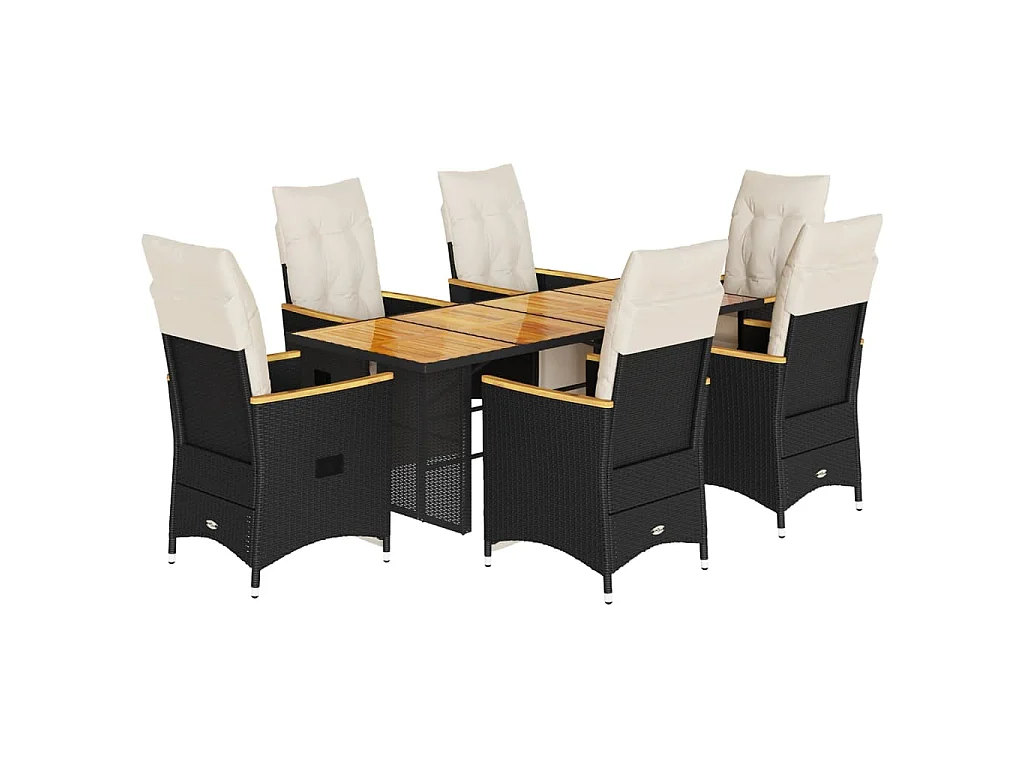 Set de mesa y sillas de jardín 7 piezas y cojines ratán PE negro