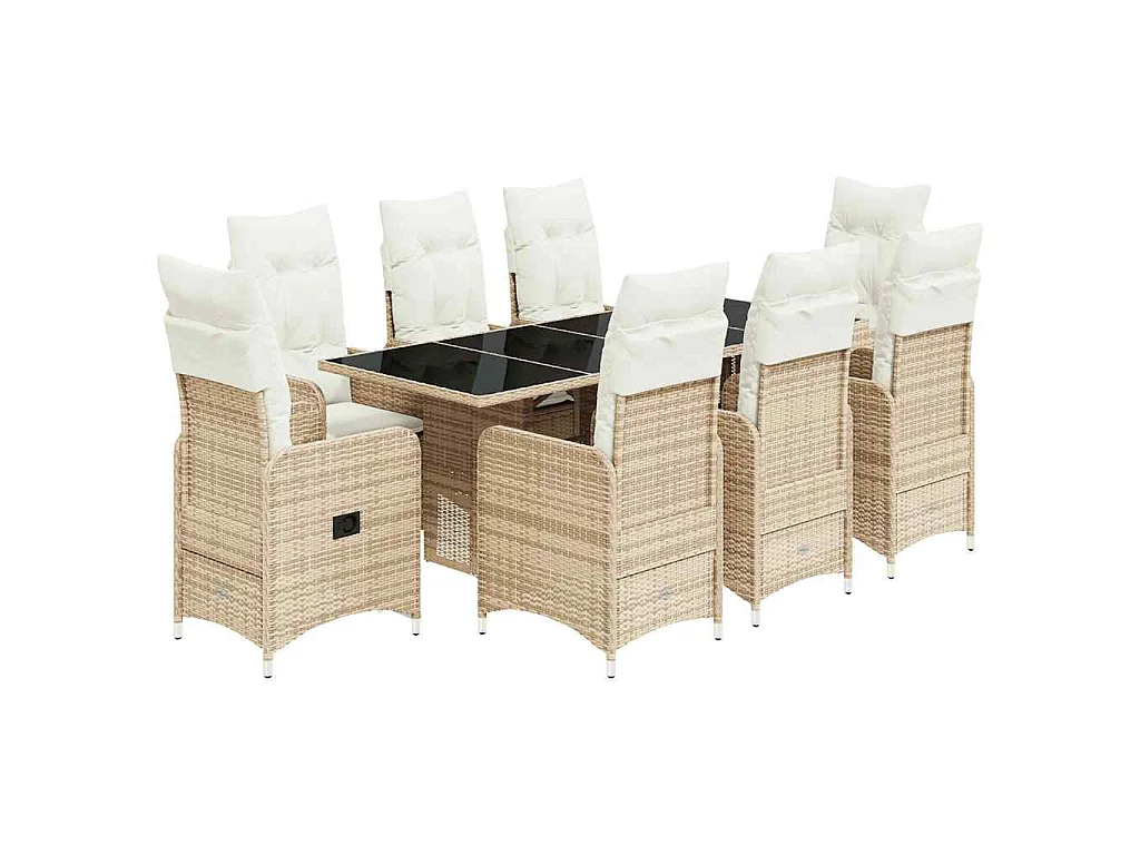 Ensemble de bistro de jardin 9 pièces coussins beige poly rotin