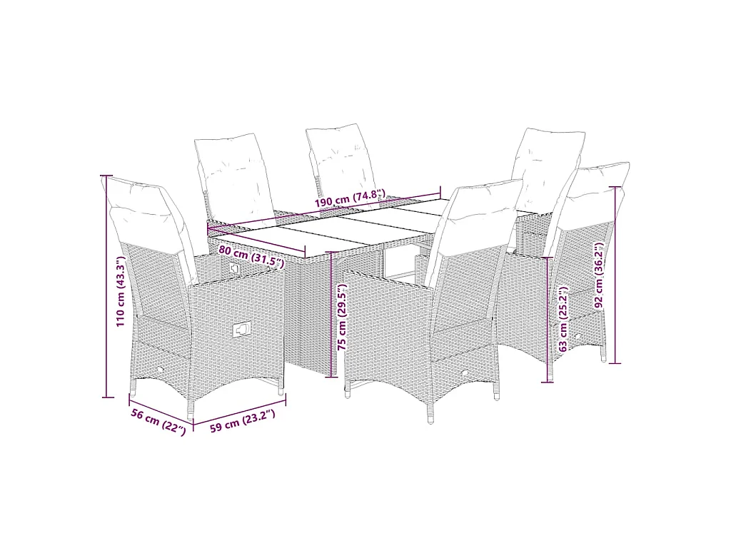 Set de mesa y sillas jardín 7 piezas con cojines ratán PE marrón