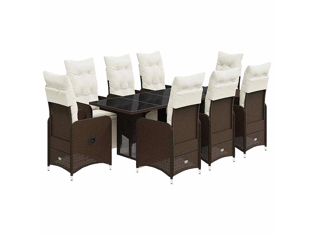 Ensemble de bistro de jardin 9 pièces coussins marron poly rotin