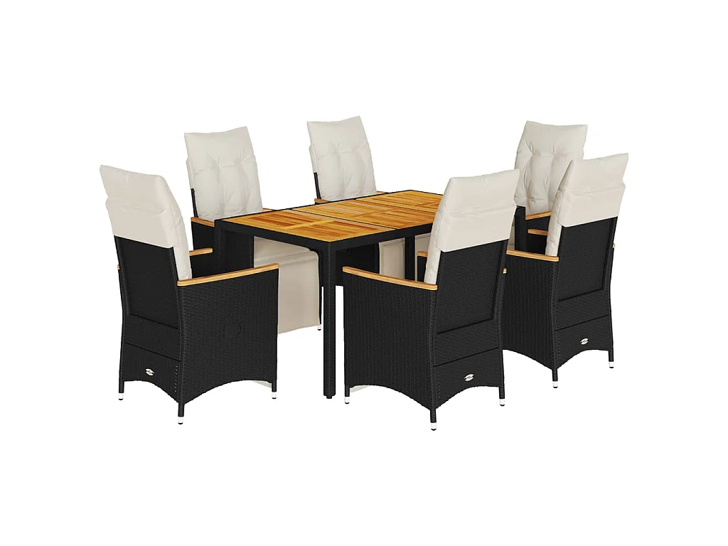 Set de mesa y sillas de jardín 7 piezas y cojines ratán PE negro