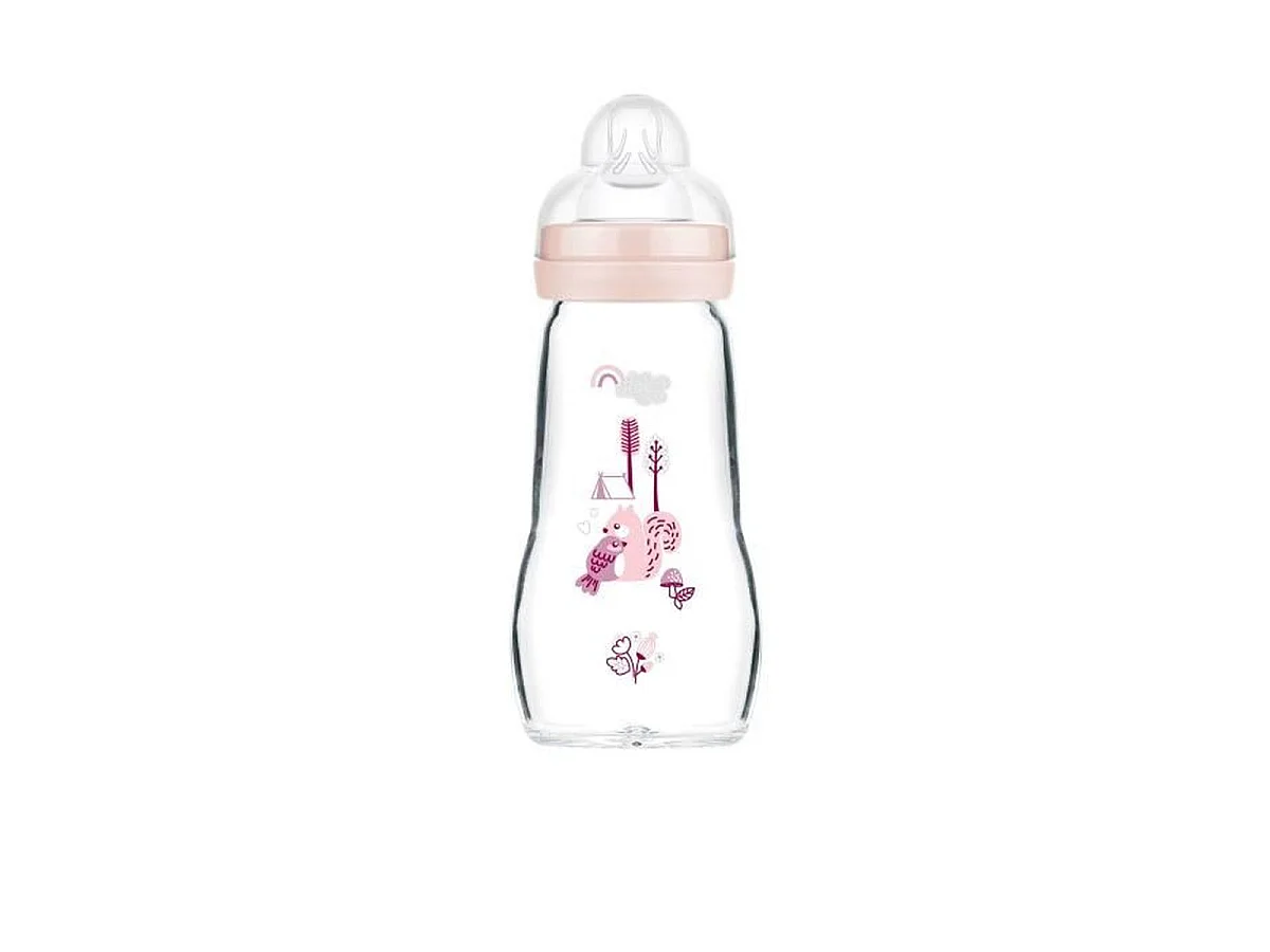 Biberon en verre MAM 260 ml avec tétine silicone Taille 2 – Rose