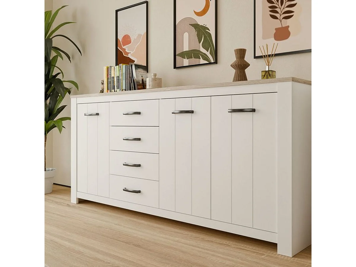 Buffet ELARA 206 cm – Blanc mat avec effet chêne