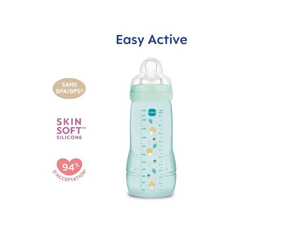 MAM Easy Active Biberon 330 ml – Tétine silicone ergonomique 2ème âge