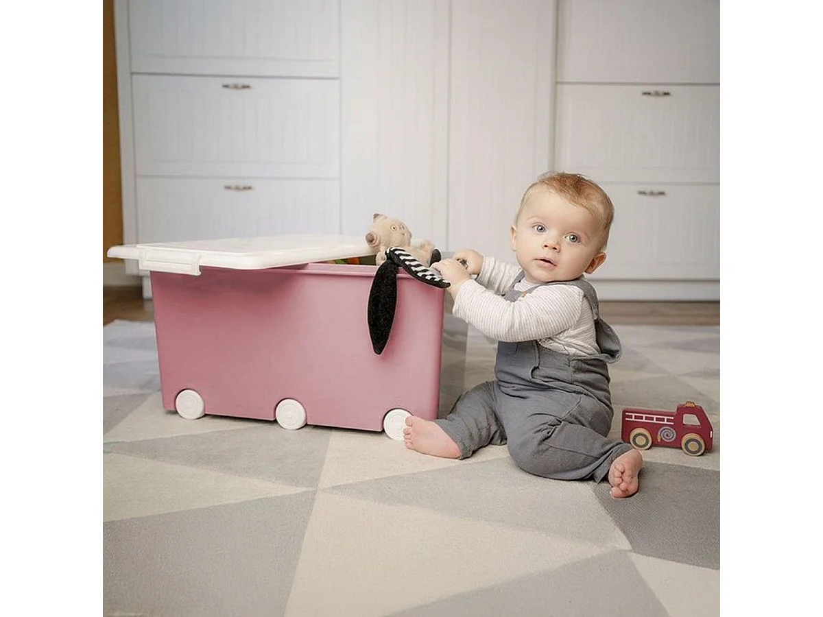 Thermobaby PLAYBOX Maxi lot de 3 coffres à jouets 42L Rose avec couvercles détachables blancs