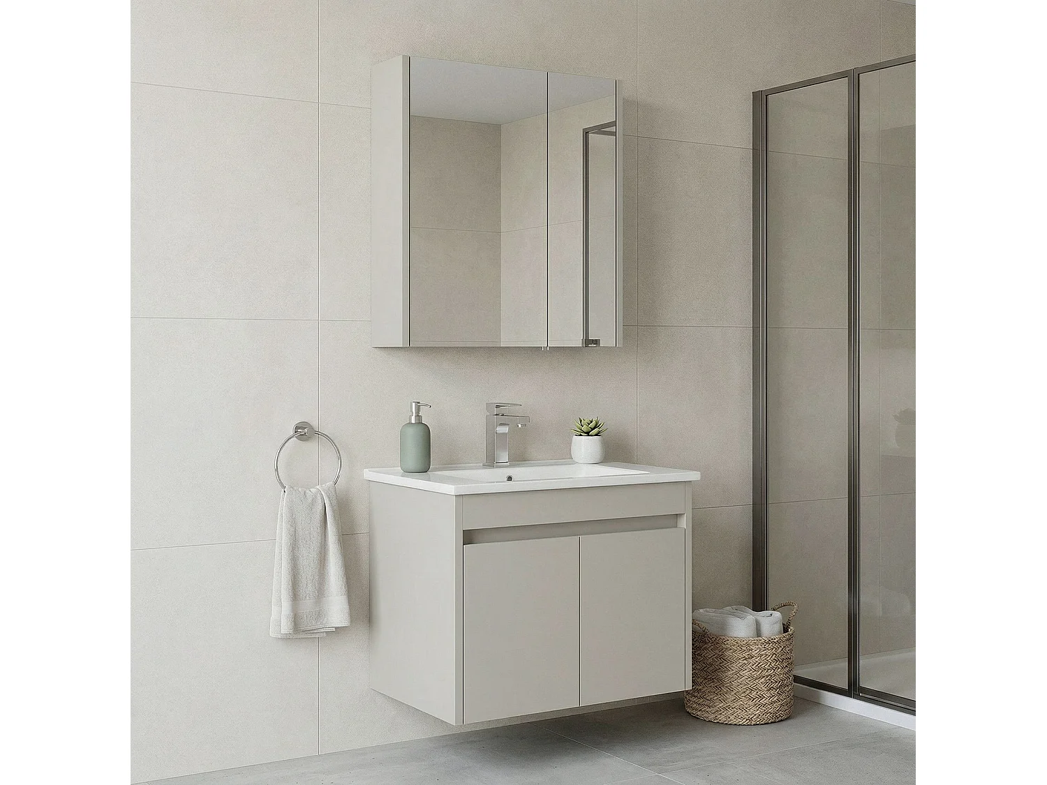 Ensemble Meuble Vasque avec Miroir (2 Pièces) "Arno 65" - 65 x 45 x 52 cm - Cashmere