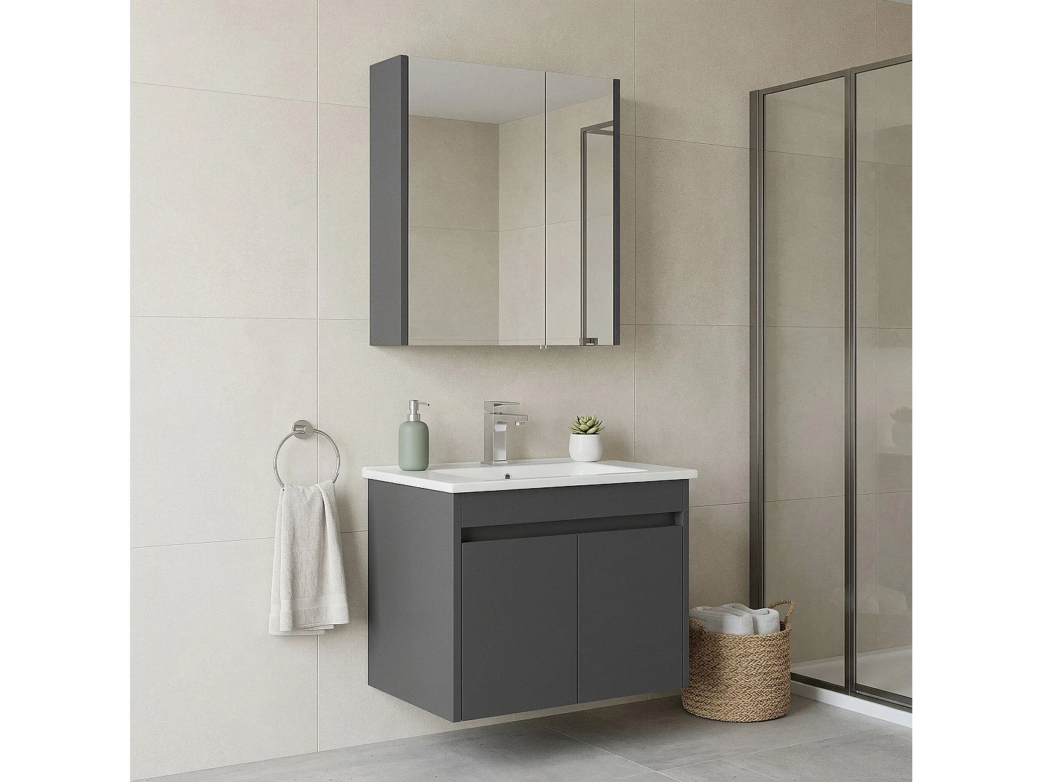 Ensemble Meuble Vasque avec Miroir (2 Pièces) "Arno 65" - 65 x 45 x 52 cm - Grey