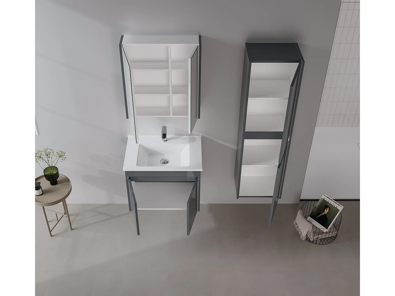 Ensemble Meuble Vasque avec Miroir (2 Pièces) "Arno 65" - 65 x 45 x 52 cm - Grey
