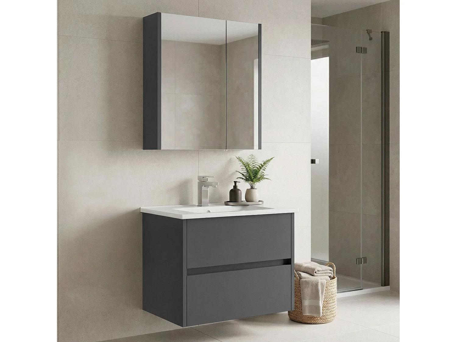 Ensemble Meuble Vasque avec Miroir (2 Pièces) "Arno 65" - 65 x 45 x 52 cm - Grey
