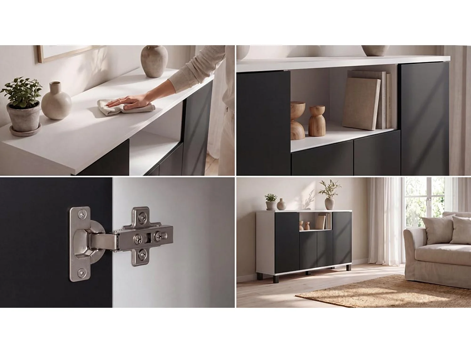 Kommode  Hvid + Sort 120 cm 4 låger – Moderne tv-møbel til stuen og soveværelset – Designet opbevaringskommode
