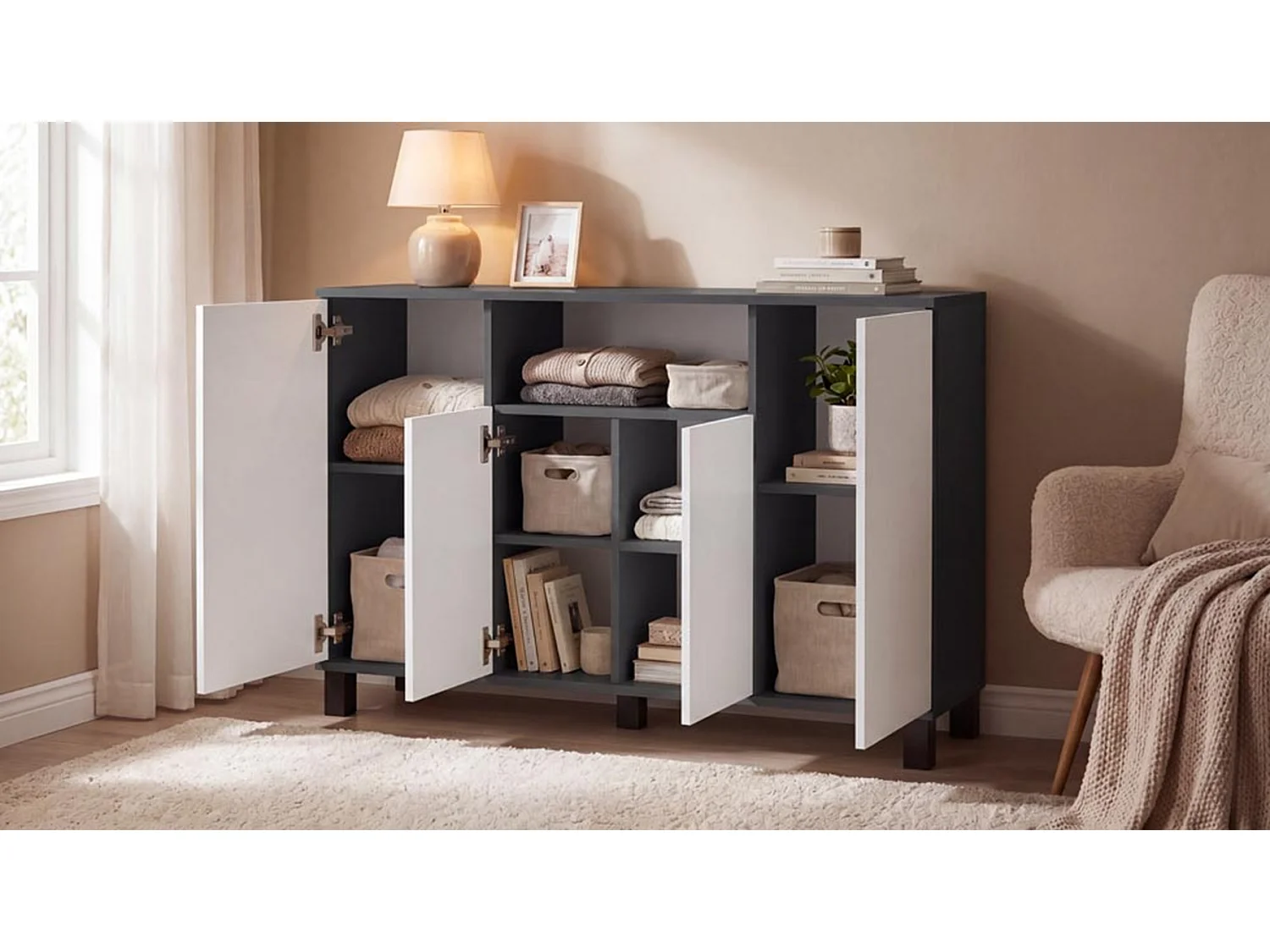 Commode Gris + Blanc mat - 120 cm 4 Portes - Meuble TV Moderne pour Salon et Chambre - Buffet de Rangement Design