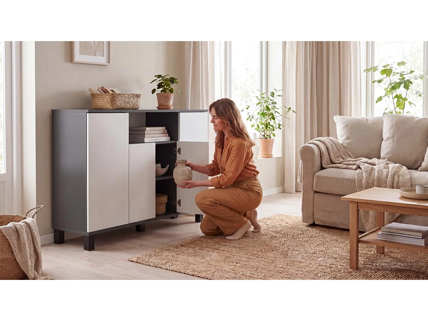 Commode Gris + Blanc mat - 120 cm 4 Portes - Meuble TV Moderne pour Salon et Chambre - Buffet de Rangement Design