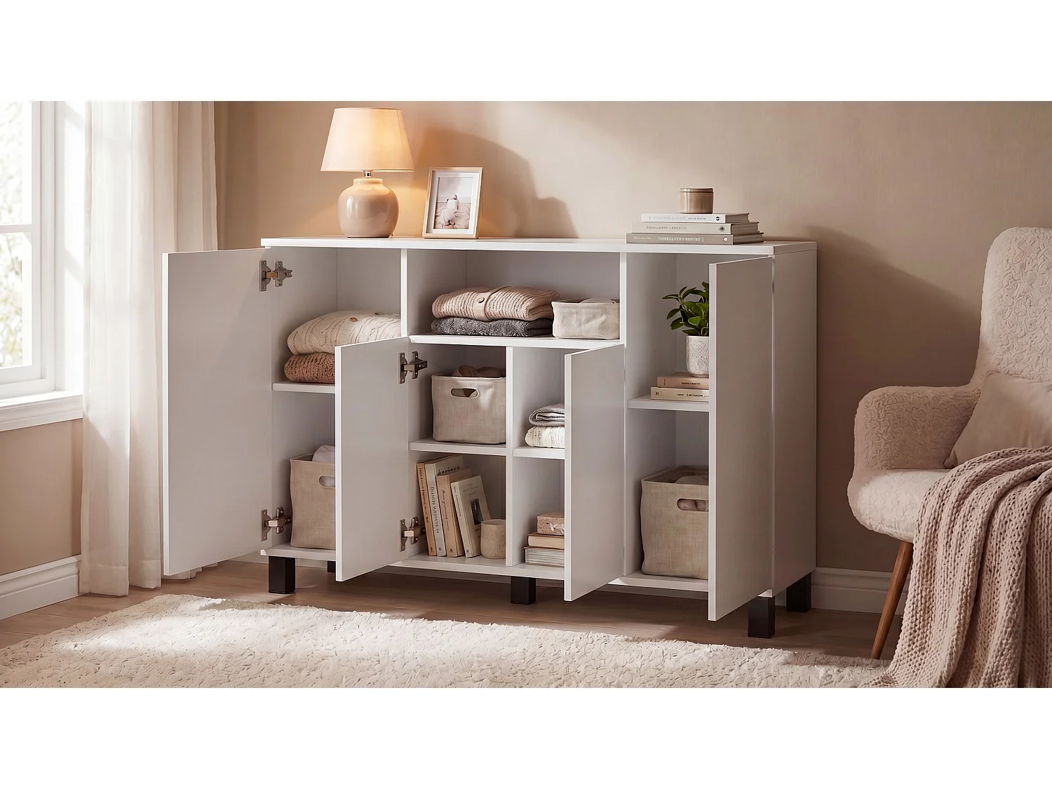 Hvid kommode, 120 cm, 4 låger – Moderne tv-møbel til stuen og soveværelset – Designet opbevaringskommode