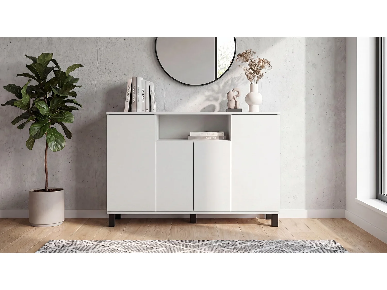 Hvid kommode, 120 cm, 4 låger – Moderne tv-møbel til stuen og soveværelset – Designet opbevaringskommode