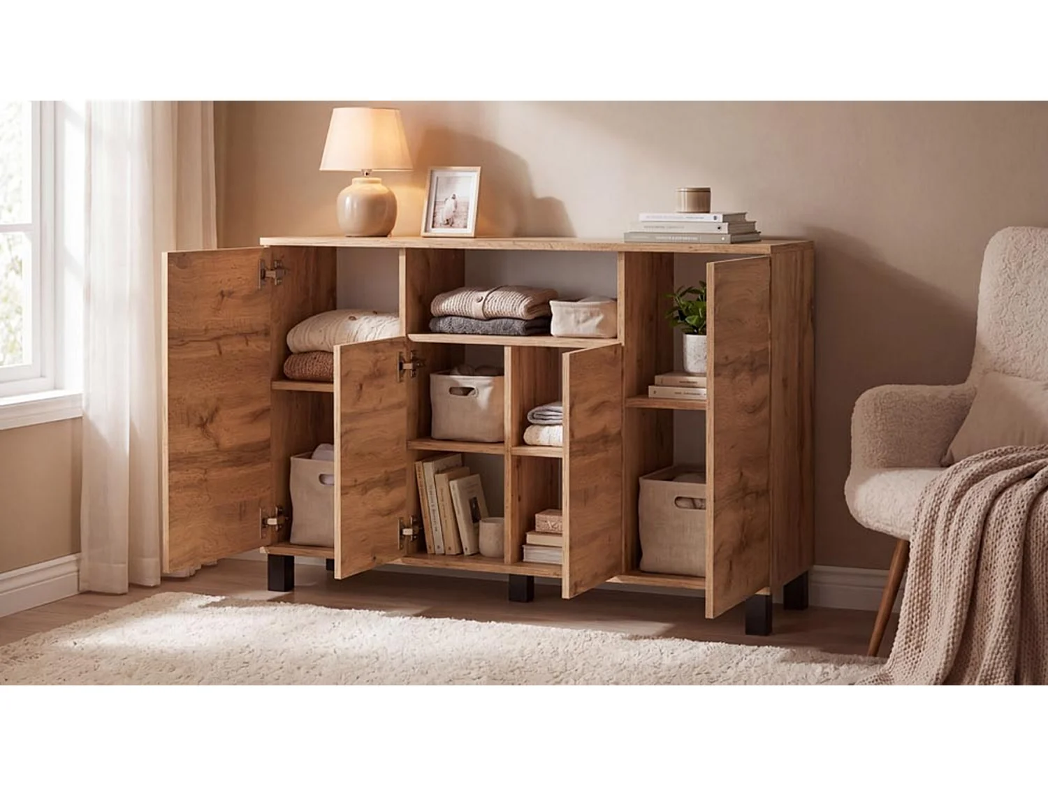 Wotan-kommode i egetræ, 120 cm, 4 låger – Moderne tv-møbel til stuen og soveværelset – Designet opbevaringskommode