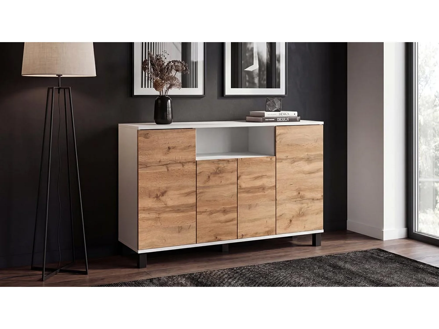 Commode Blanc + Chêne Wotan 120 cm 4 Portes - Meuble TV Moderne pour Salon et Chambre - Buffet de Rangement Design