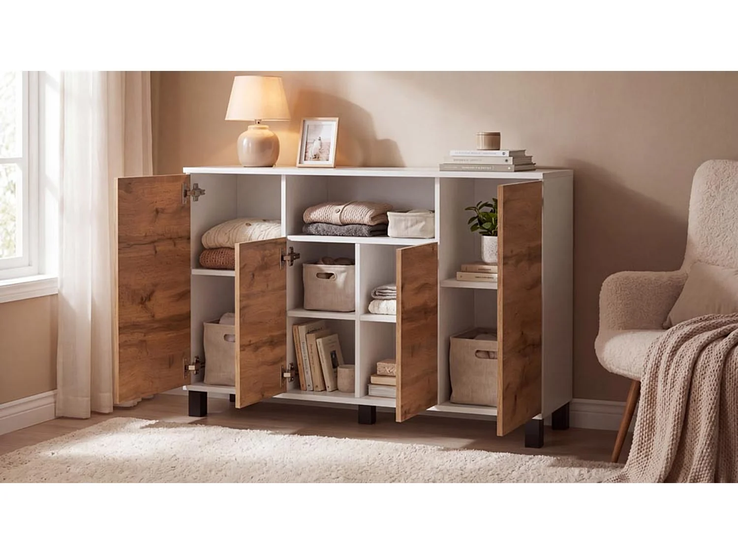 Commode Blanc + Chêne Wotan 120 cm 4 Portes - Meuble TV Moderne pour Salon et Chambre - Buffet de Rangement Design