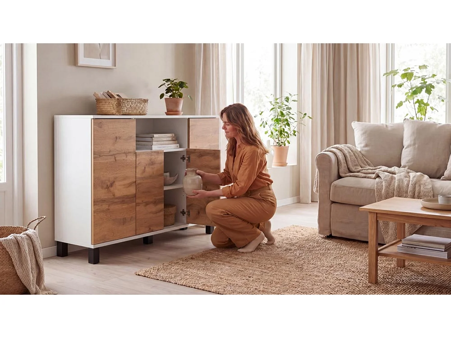 Commode Blanc + Chêne Wotan 120 cm 4 Portes - Meuble TV Moderne pour Salon et Chambre - Buffet de Rangement Design