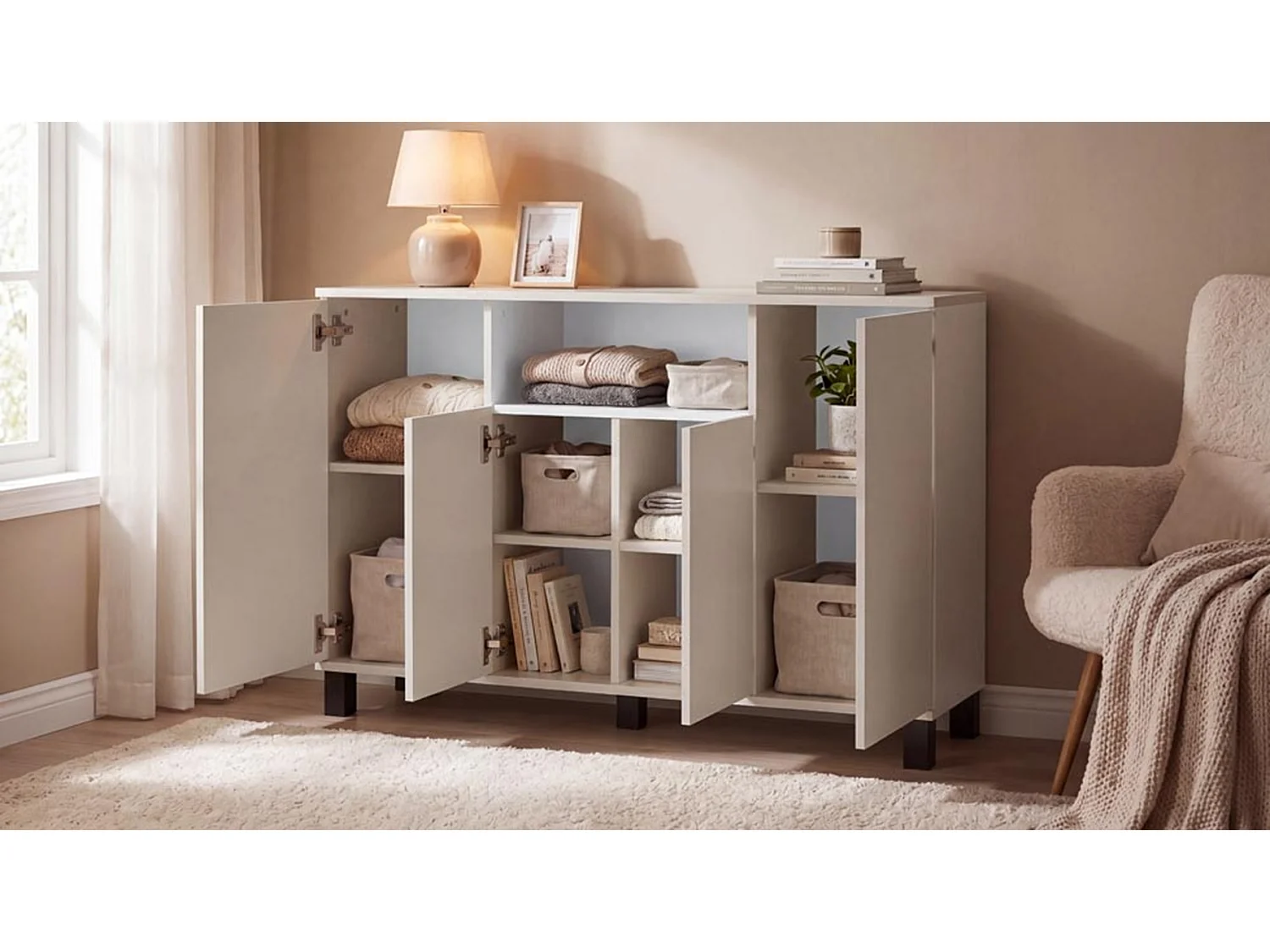 Beige kommode – Cachemire 120 cm, 4 låger – Moderne tv-møbel til stuen og soveværelset – Designet opbevaringskommode