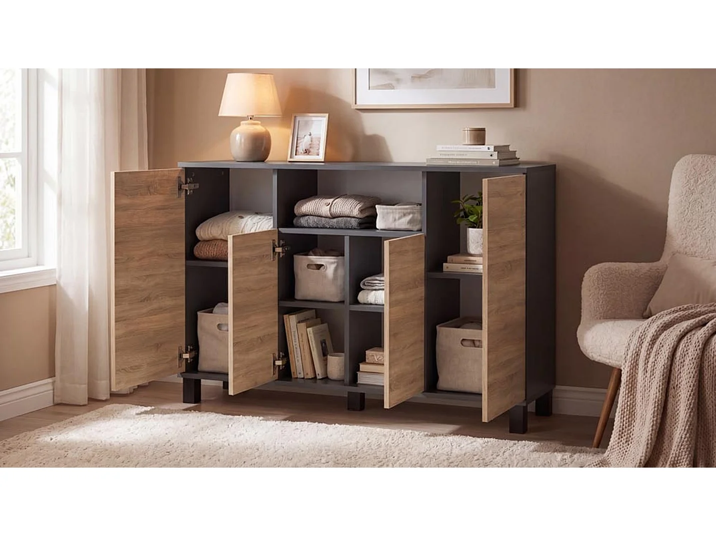 Commode Gris+ Chêne Sonoma 120 cm 4 Portes - Meuble TV Moderne pour Salon et Chambre - Buffet de Rangement Design