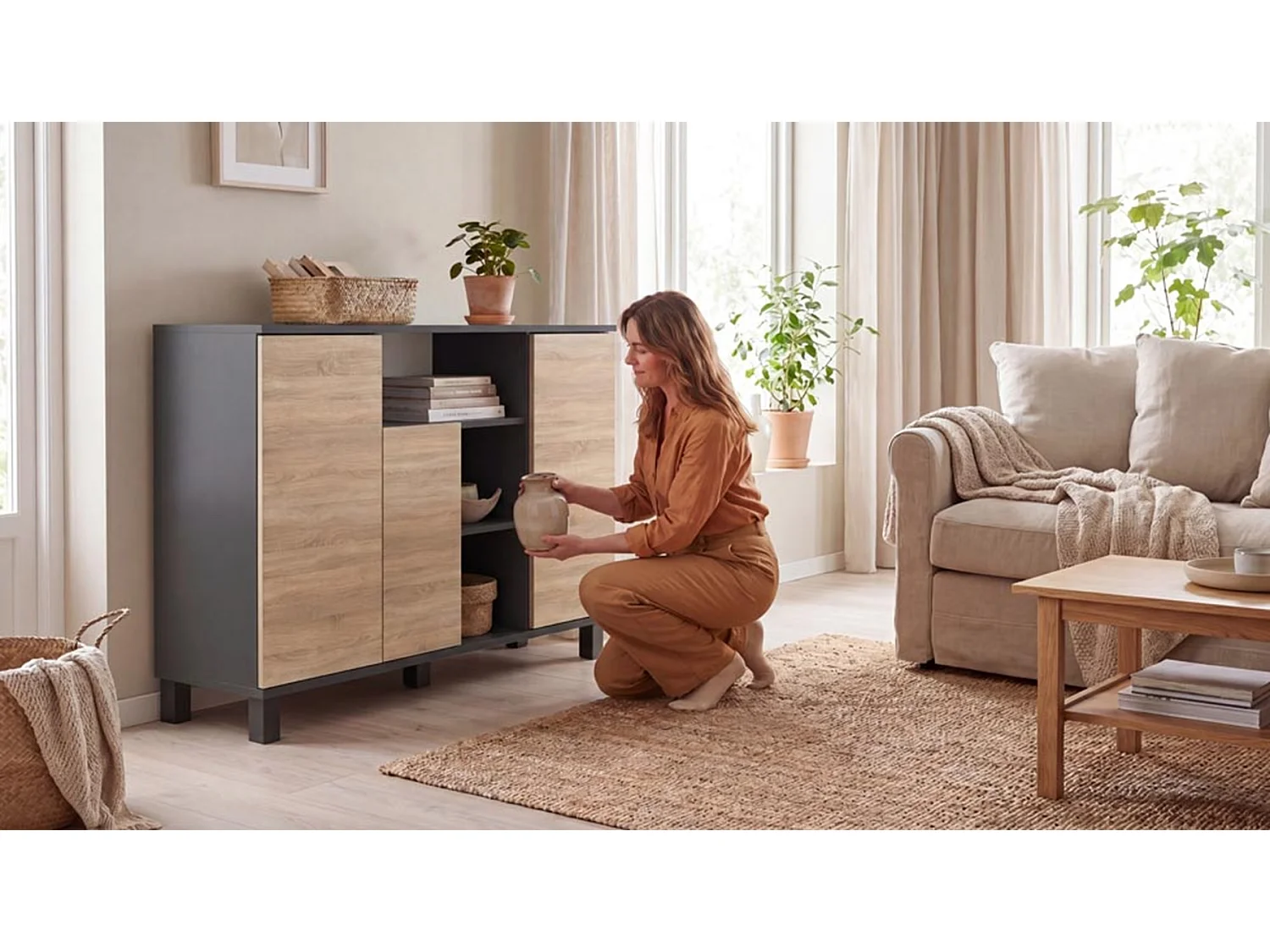 Commode Gris+ Chêne Sonoma 120 cm 4 Portes - Meuble TV Moderne pour Salon et Chambre - Buffet de Rangement Design