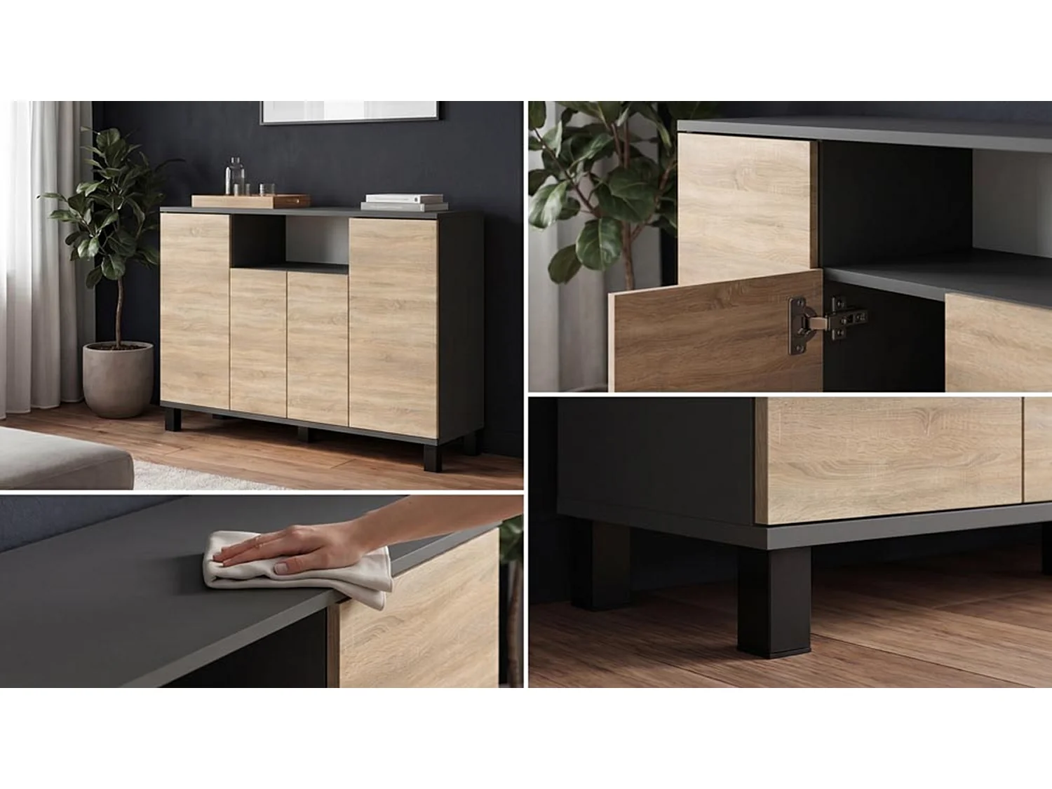 Commode Gris+ Chêne Sonoma 120 cm 4 Portes - Meuble TV Moderne pour Salon et Chambre - Buffet de Rangement Design