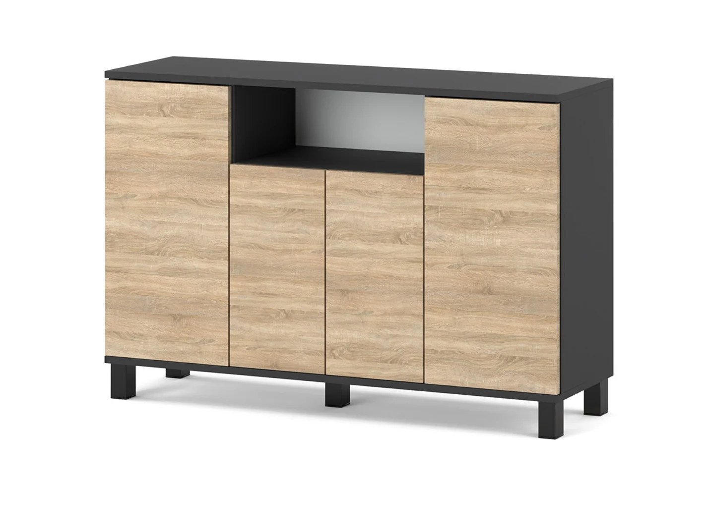 Commode Gris+ Chêne Sonoma 120 cm 4 Portes - Meuble TV Moderne pour Salon et Chambre - Buffet de Rangement Design