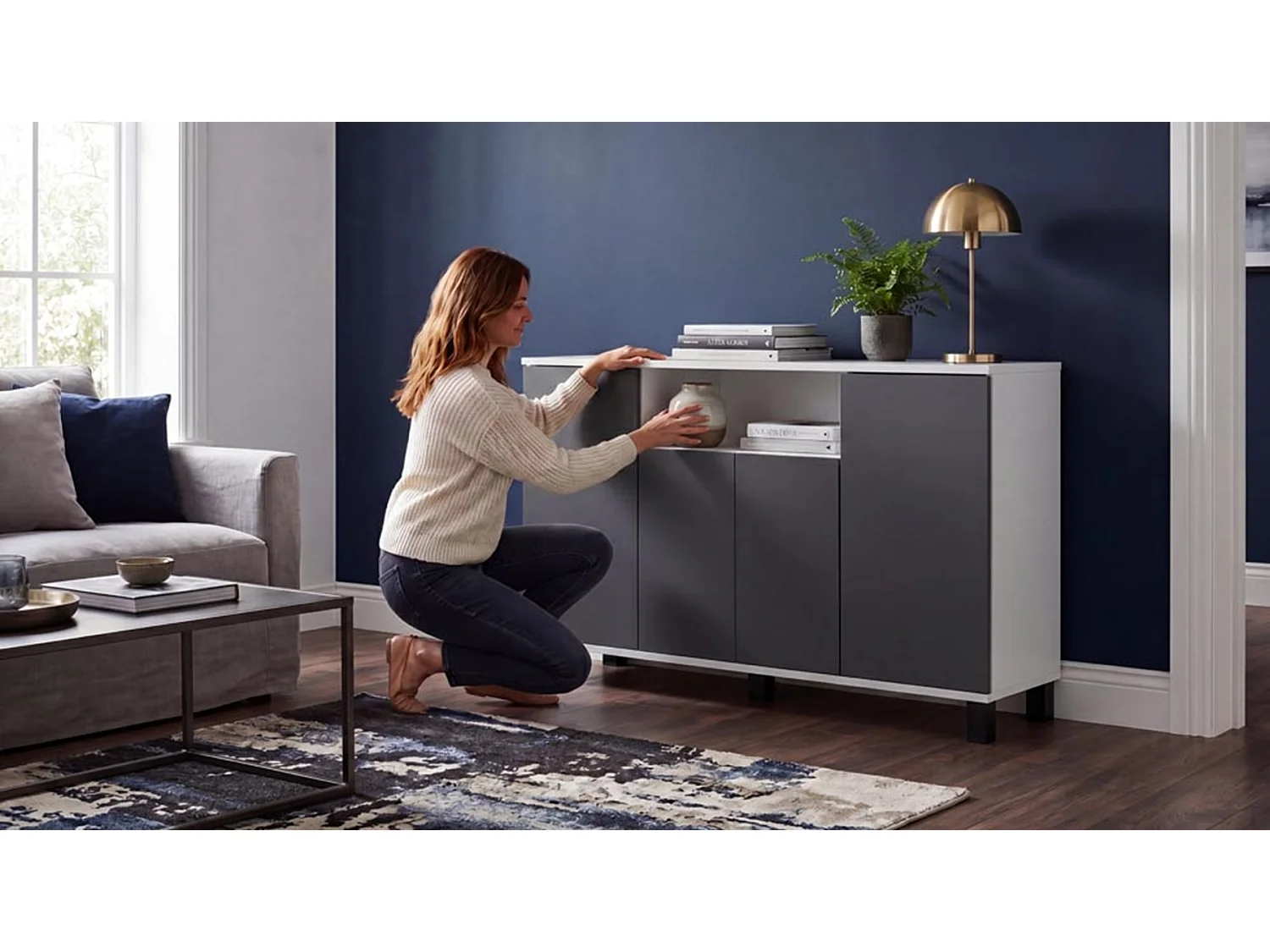 Kommode  Hvid + Grå 120 cm 4 låger – Moderne tv-møbel til stuen og soveværelset – Designet opbevaringskommode