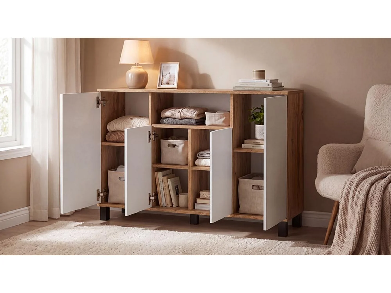 Wotan-kommode i eg + hvid, 120 cm, 4 låger – Moderne tv-møbel til stuen og soveværelset – Designet opbevaringskommode