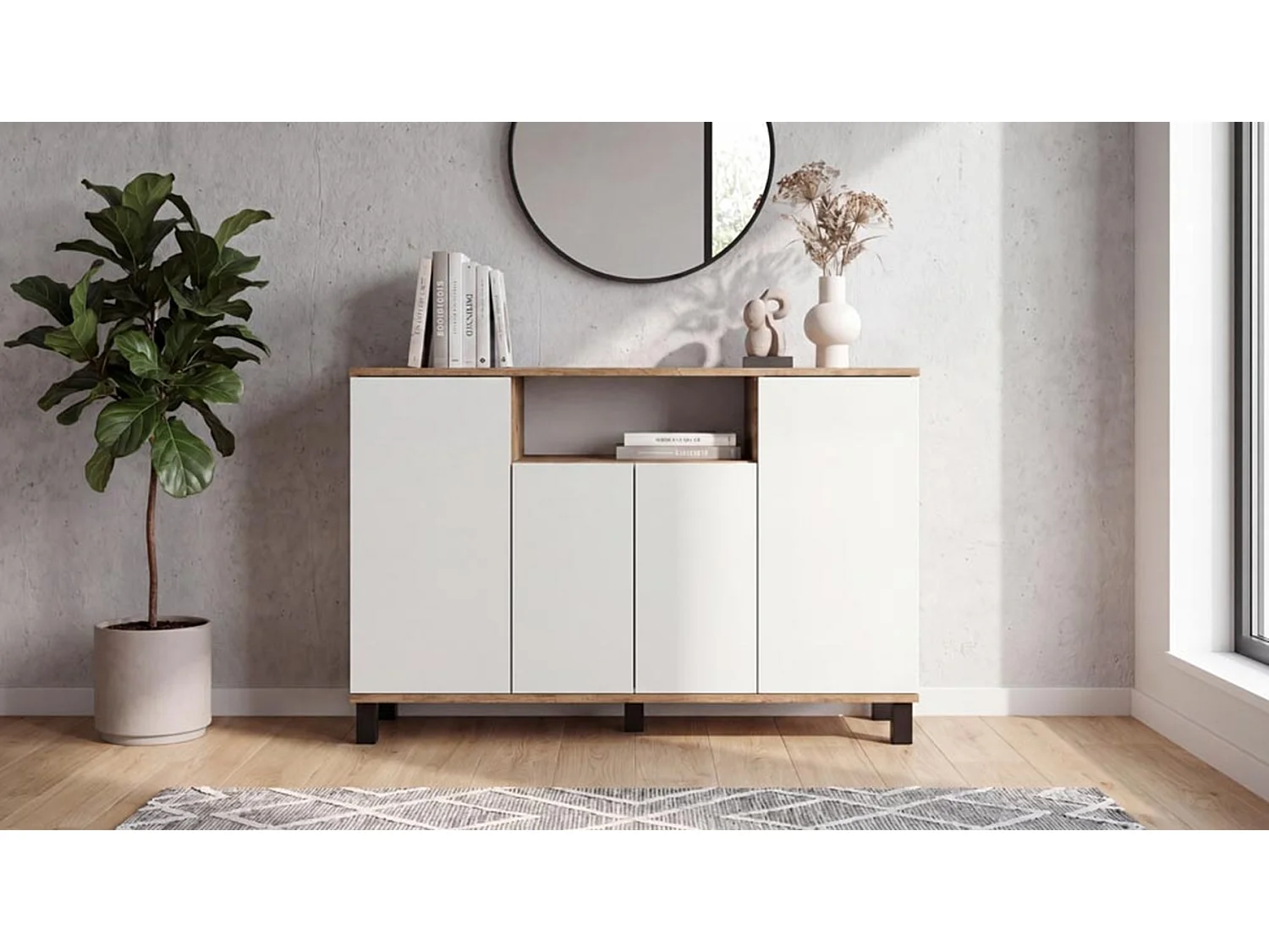 Wotan-kommode i eg + hvid, 120 cm, 4 låger – Moderne tv-møbel til stuen og soveværelset – Designet opbevaringskommode