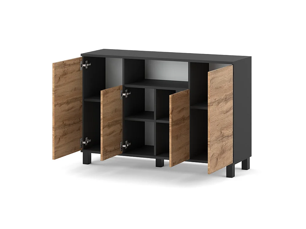 Commode Gris + Chêne Wotan 120 cm 4 Portes - Meuble TV Moderne pour Salon et Chambre - Buffet de Rangement Design