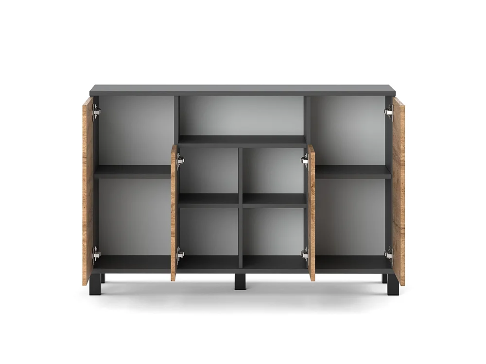 Commode Gris + Chêne Wotan 120 cm 4 Portes - Meuble TV Moderne pour Salon et Chambre - Buffet de Rangement Design