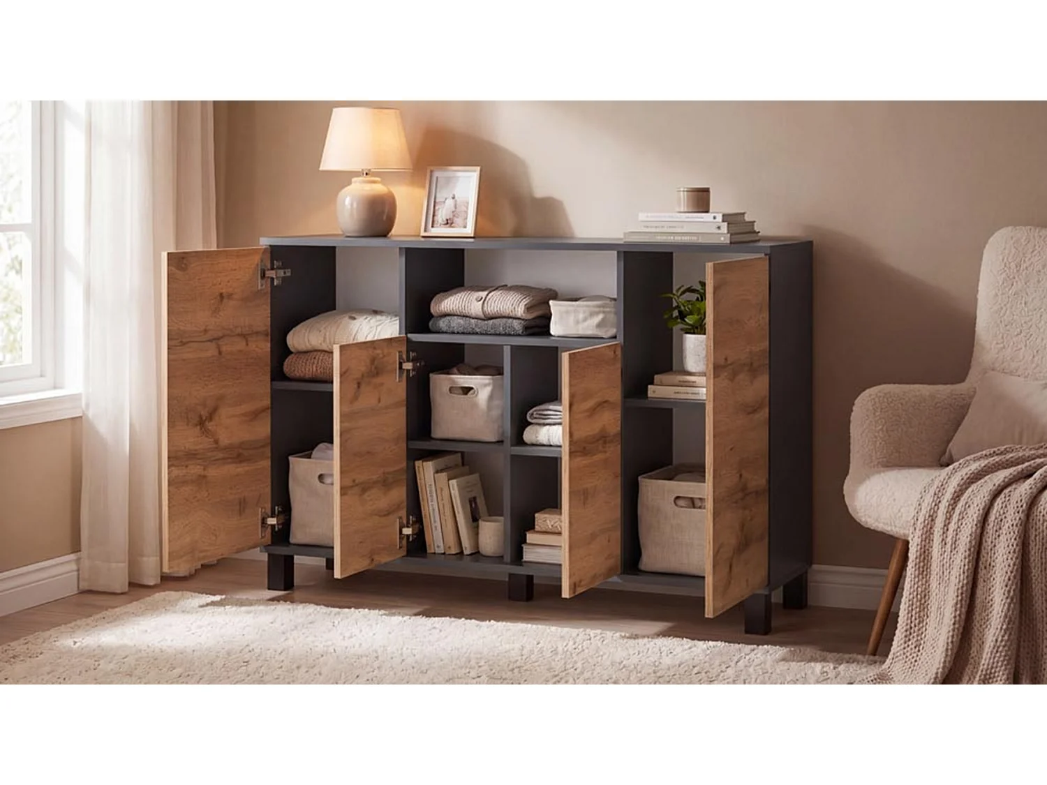 Commode Gris + Chêne Wotan 120 cm 4 Portes - Meuble TV Moderne pour Salon et Chambre - Buffet de Rangement Design