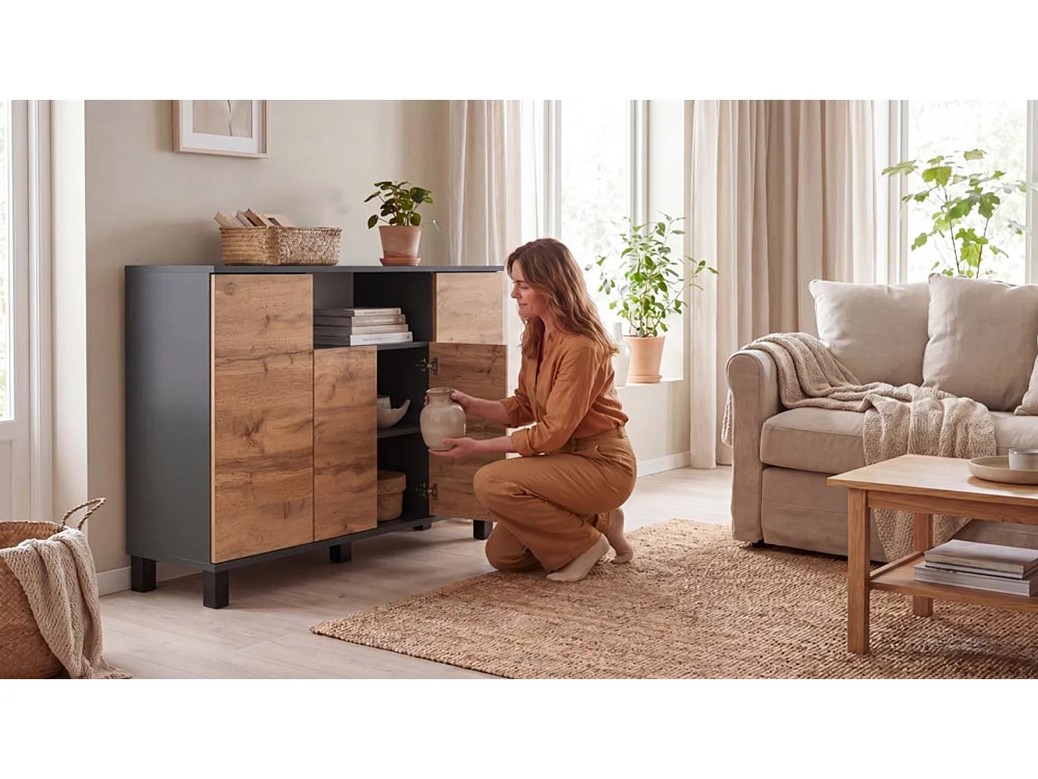 Commode Gris + Chêne Wotan 120 cm 4 Portes - Meuble TV Moderne pour Salon et Chambre - Buffet de Rangement Design