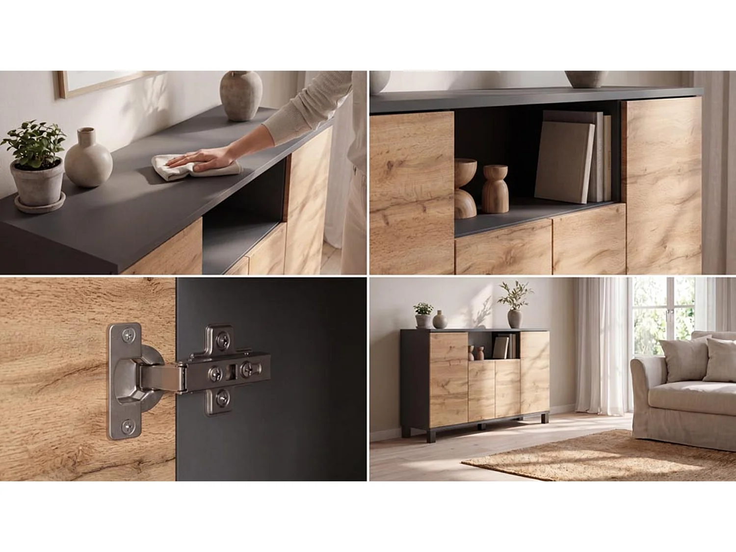 Commode Gris + Chêne Wotan 120 cm 4 Portes - Meuble TV Moderne pour Salon et Chambre - Buffet de Rangement Design