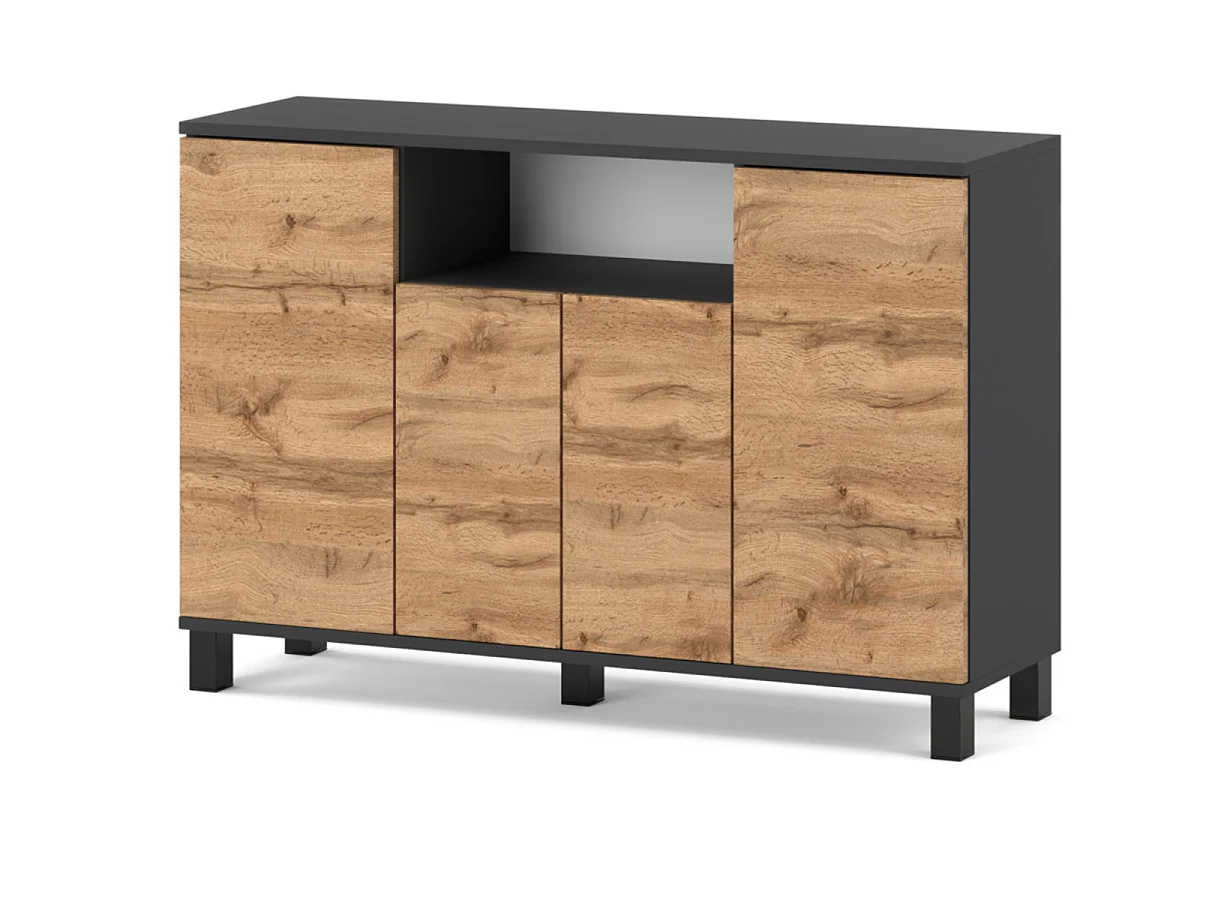 Commode Gris + Chêne Wotan 120 cm 4 Portes - Meuble TV Moderne pour Salon et Chambre - Buffet de Rangement Design