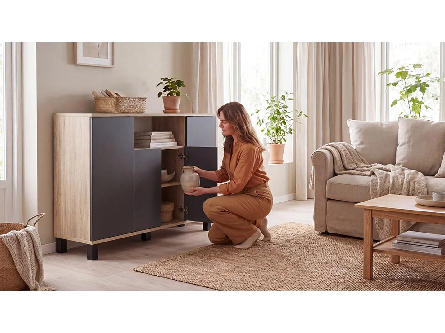 Kommode i Sonoma-eg + grå, 120 cm, 4 låger – Moderne tv-møbel til stuen og soveværelset – Designet opbevaringskommode