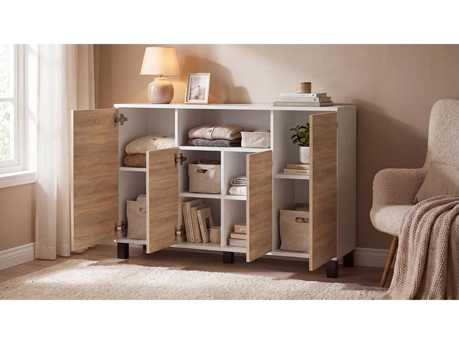 Commode Blanc + Chêne Sonoma 120 cm 4 Portes - Meuble TV Moderne pour Salon et Chambre - Buffet de Rangement Design