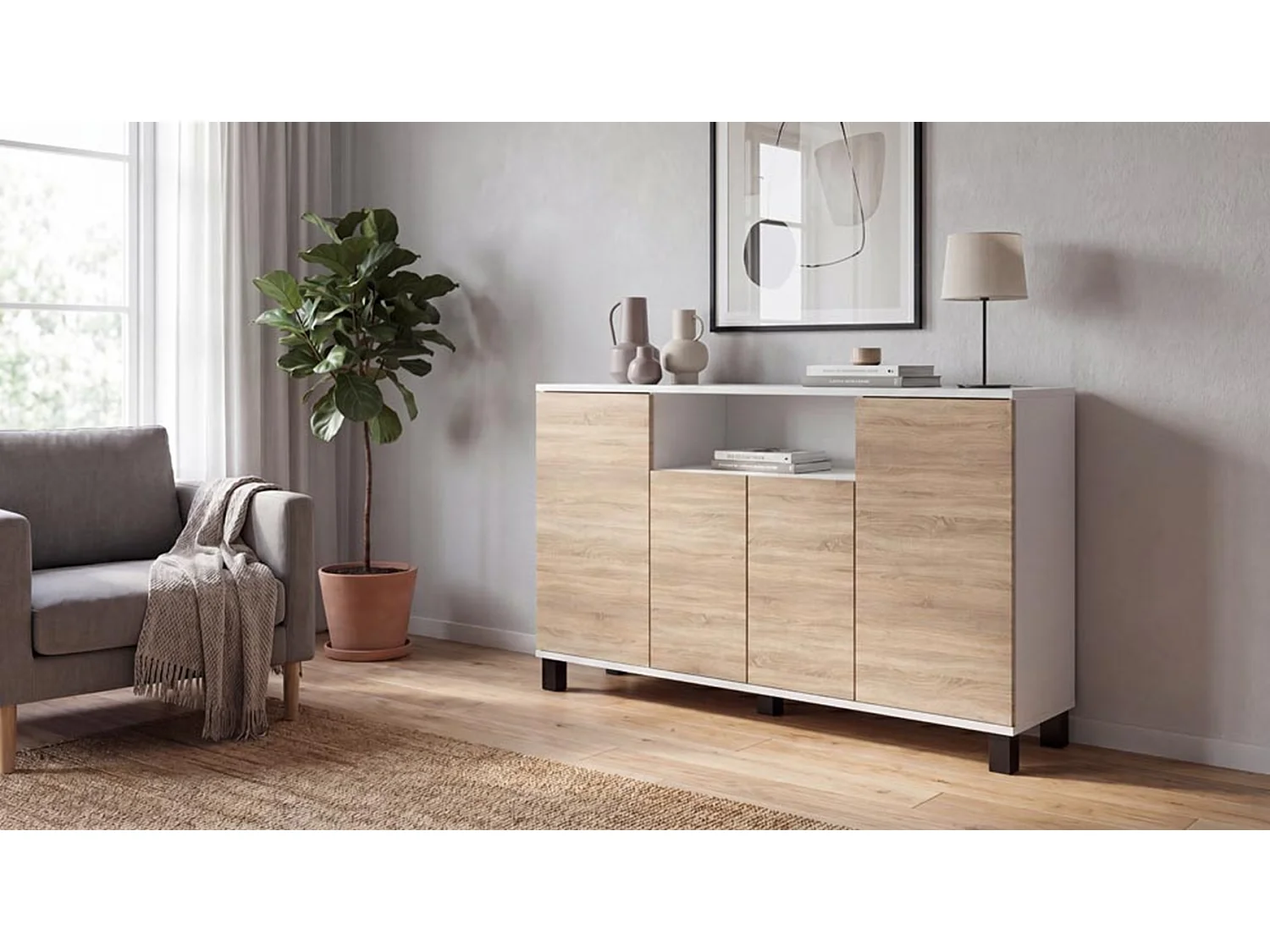Commode Blanc + Chêne Sonoma 120 cm 4 Portes - Meuble TV Moderne pour Salon et Chambre - Buffet de Rangement Design