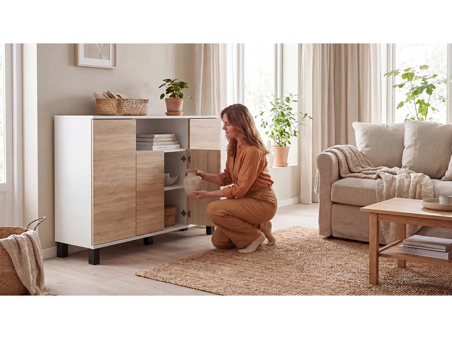 Commode Blanc + Chêne Sonoma 120 cm 4 Portes - Meuble TV Moderne pour Salon et Chambre - Buffet de Rangement Design