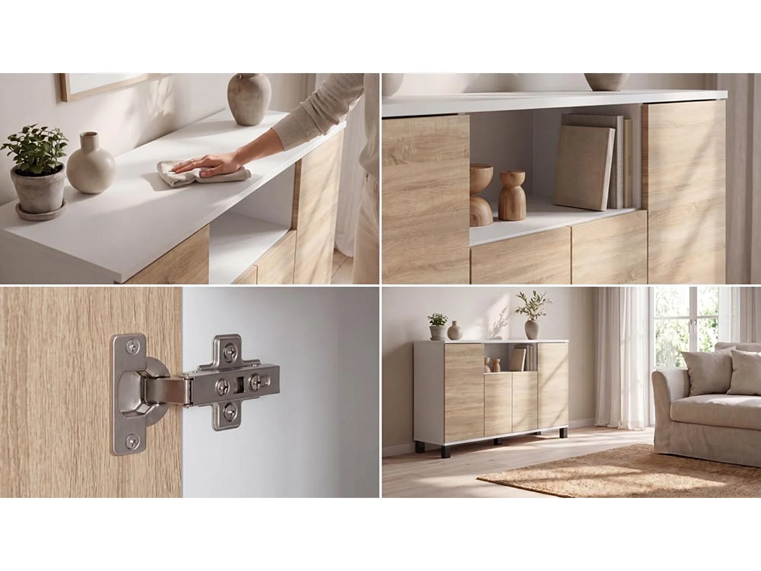 Commode Blanc + Chêne Sonoma 120 cm 4 Portes - Meuble TV Moderne pour Salon et Chambre - Buffet de Rangement Design