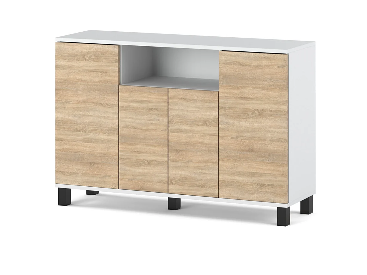 Commode Blanc + Chêne Sonoma 120 cm 4 Portes - Meuble TV Moderne pour Salon et Chambre - Buffet de Rangement Design