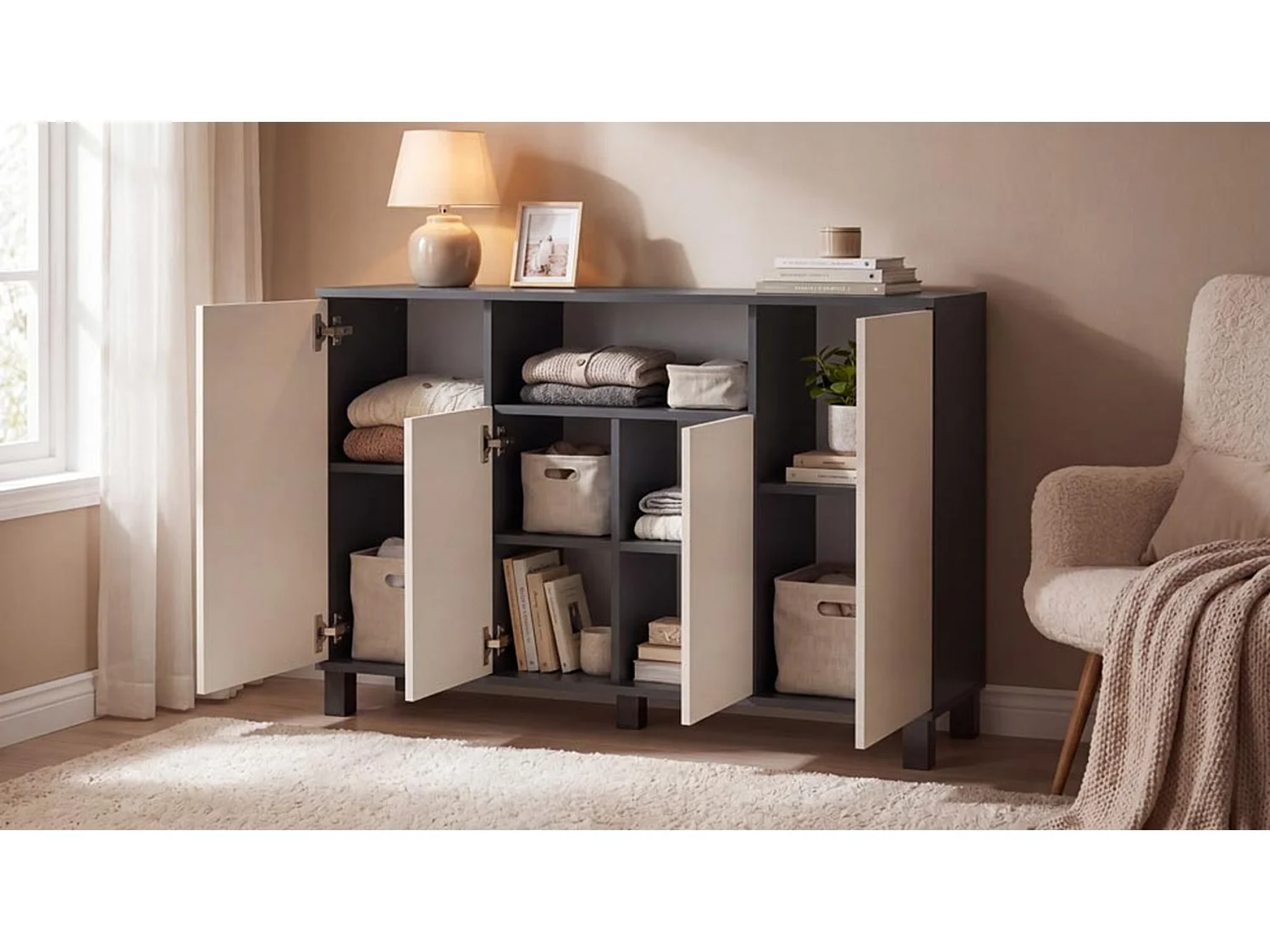 Commode Gris+ Cachemire 120 cm 4 Portes - Meuble TV Moderne pour Salon et Chambre - Buffet de Rangement Design