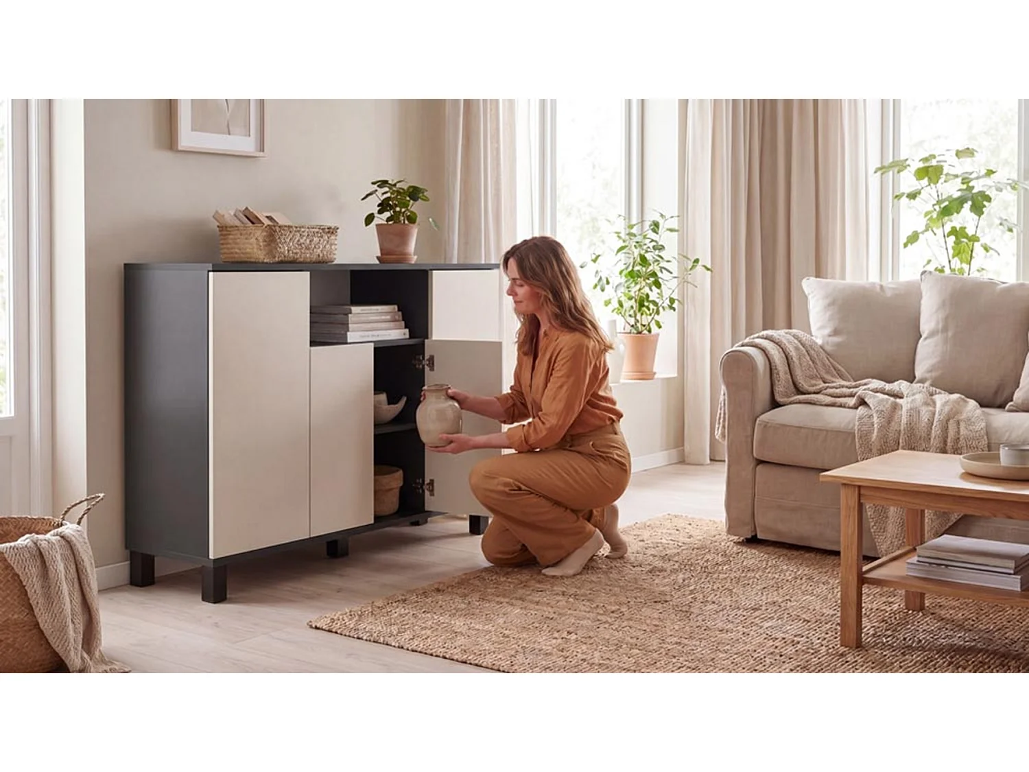 Commode Gris+ Cachemire 120 cm 4 Portes - Meuble TV Moderne pour Salon et Chambre - Buffet de Rangement Design
