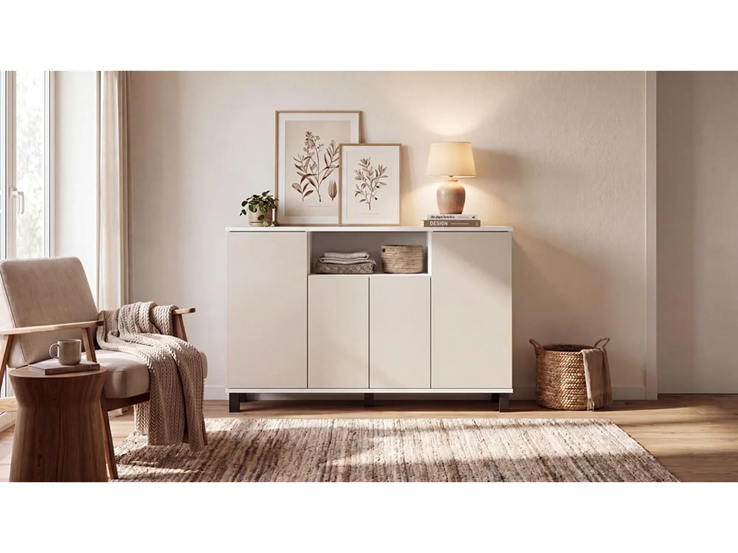 Hvid kommode med kashmir-finish, 120 cm, 4 låger – Moderne tv-møbel til stuen og soveværelset – Designet opbevaringskommode