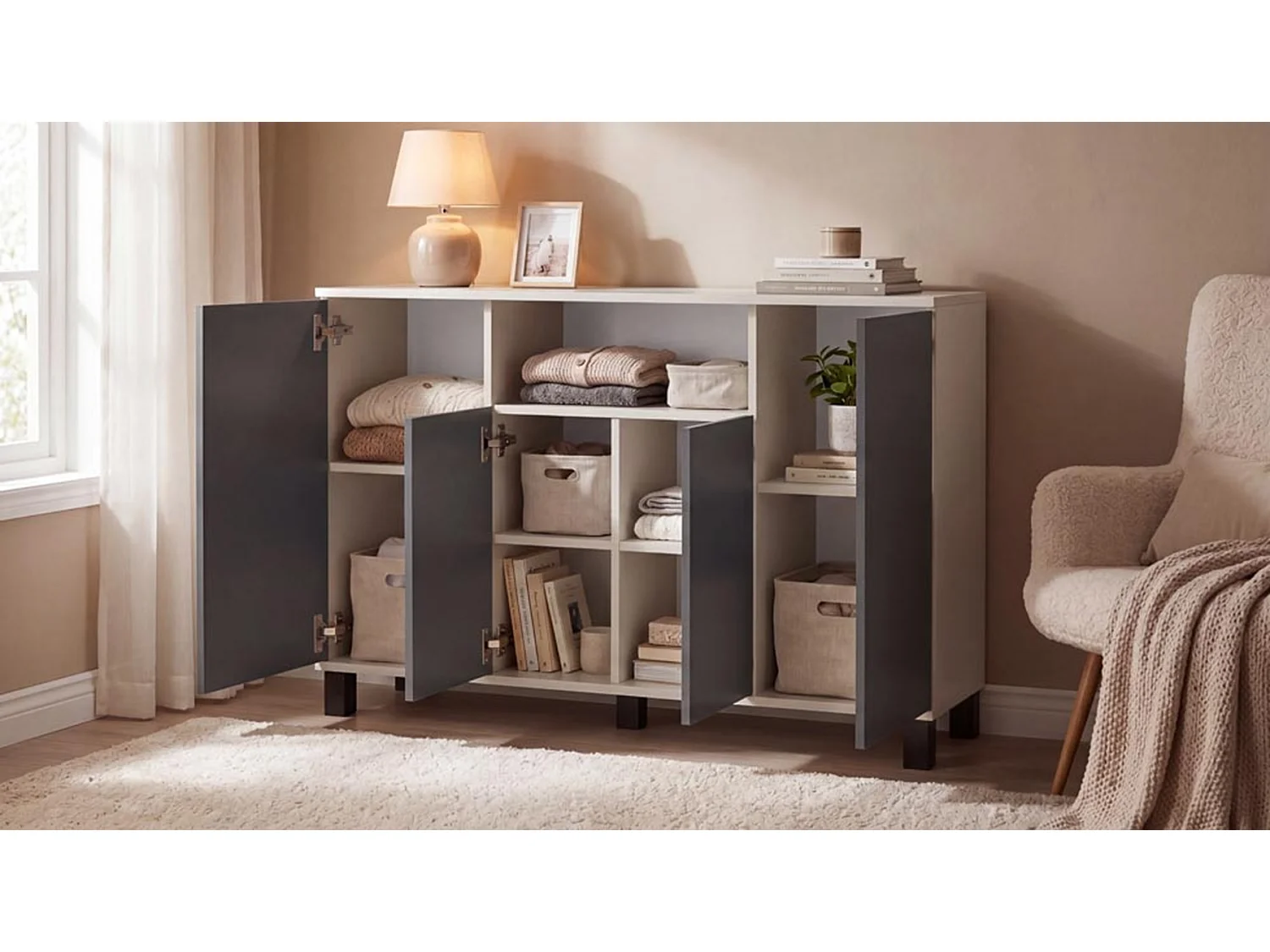 Kommode i kashmir og grå – 120 cm, 4 låger – Moderne tv-møbel til stuen og soveværelset – Designet opbevaringskommode