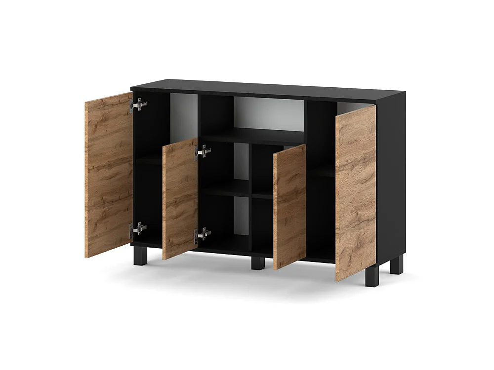 Commode Noir + Chêne Wotan 120 cm 4 Portes - Meuble TV Moderne pour Salon et Chambre - Buffet de Rangement Design